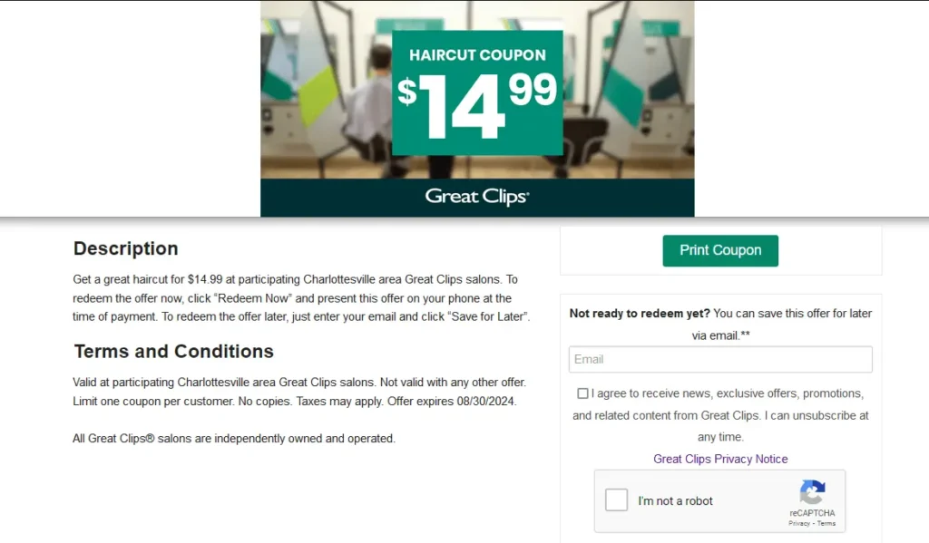 Printable Great Clips $14.99 Coupon page